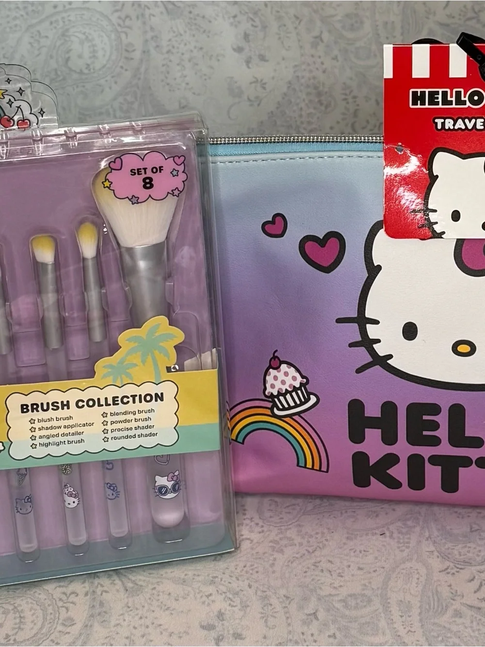 Hello Kitty Purple to Blue Ombre Cosmetic Pouch with Pink Brush Set of 8